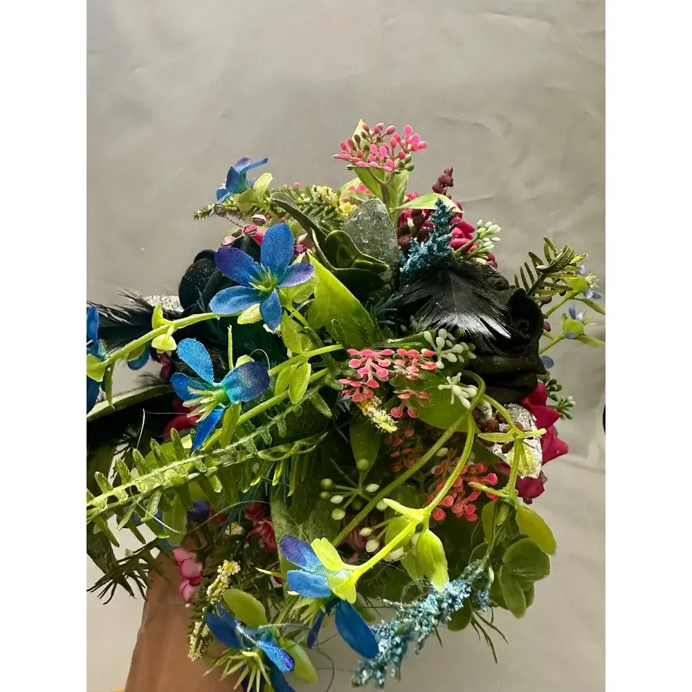 Homecoming prom floral bouquet artificial pink black blue feathers greensilver